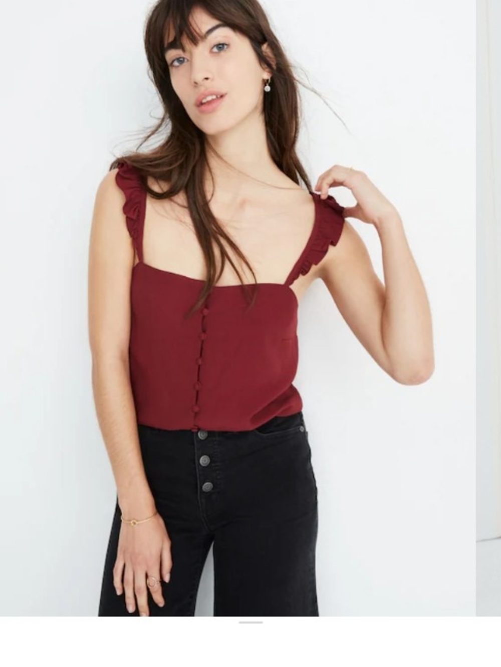 Madewell Ruffle-Strap Button-Front Camisole in Wine